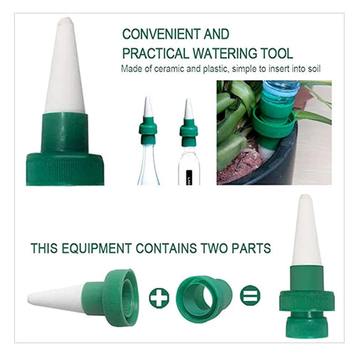 Green ceramic automatic water dripper device for attaching to a cola bottle for plant irrigation.