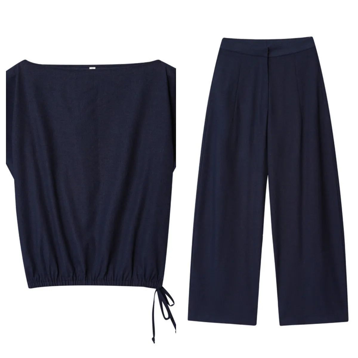Women's two-piece set with off-neck flounced sleeve top and wide leg trousers in blended polyester fabric