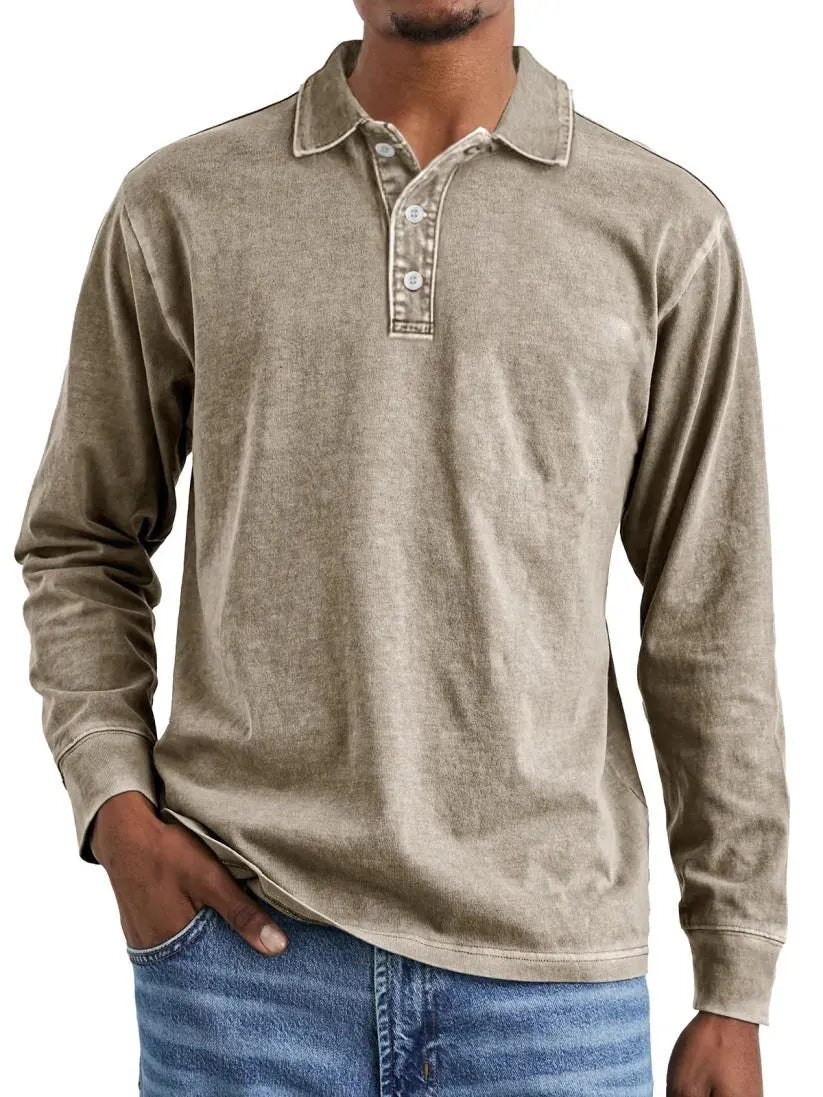 Retro washed distressed cotton lapel long sleeve polo shirt in pure cotton fabric