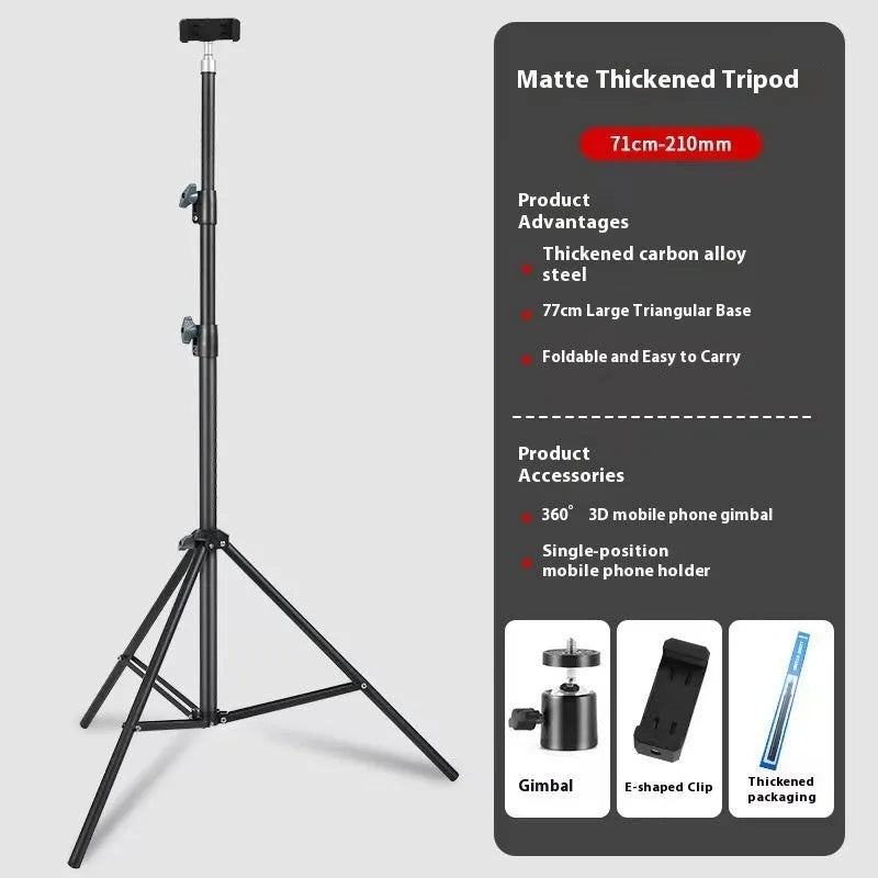 Frosted tripod light floor stand with mobile phone holder attached, carbon steel construction