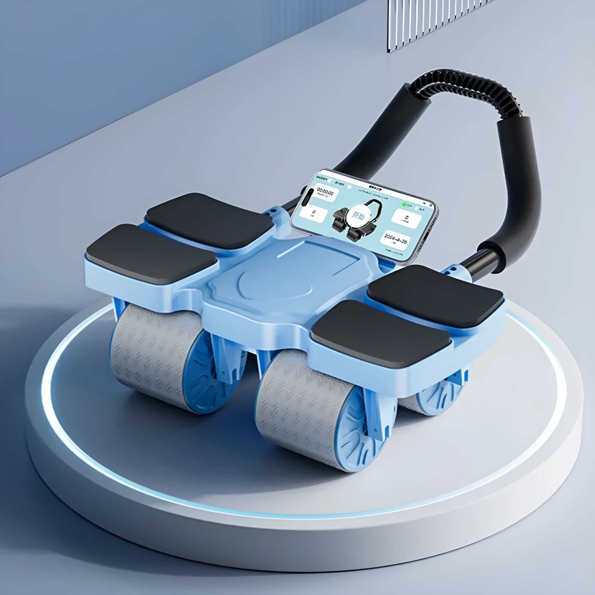 Black abdominal wheel with automatic rebound mechanism and four wheels for core exercises