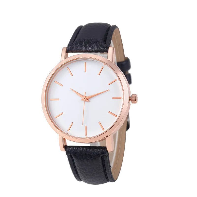 Square-faced quartz watch with a PU leather strap showing colour options on a white background.
