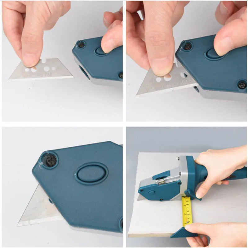 Blue multifunctional woodworking cutter with one-press lock and measuring scale for board materials.
