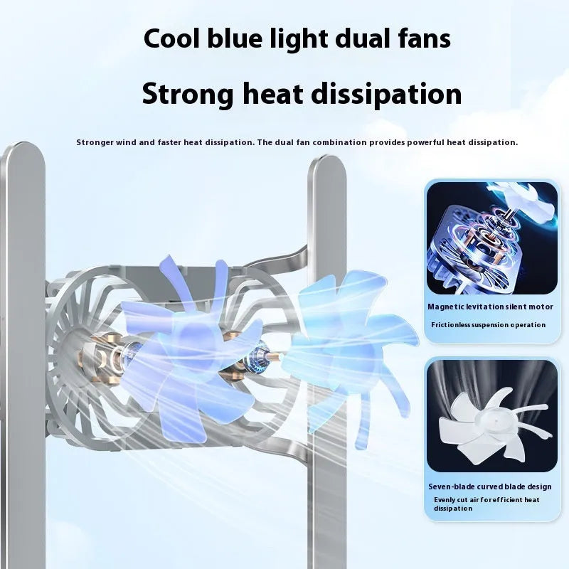Silver aluminium laptop cooling stand with twin fans in folded and unfolded positions