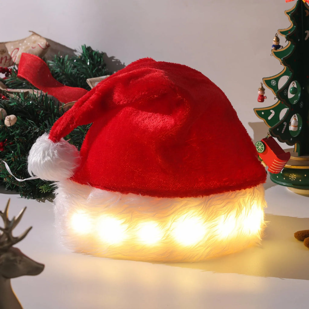 Red and white plush Santa hat with illuminated multi-coloured LED lights and a white pom-pom.