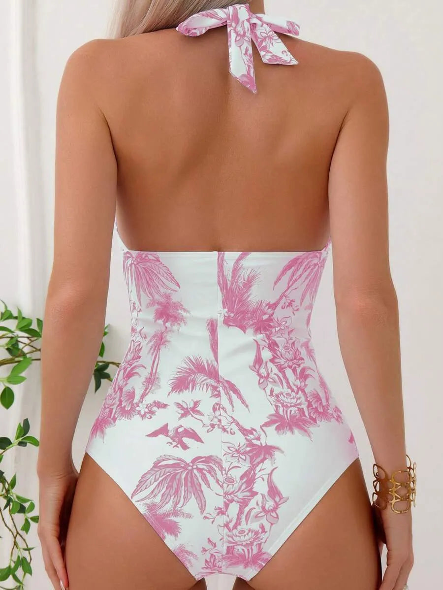 Women's printed V-neck one-piece swimsuit in polyester with lining in seven colour options