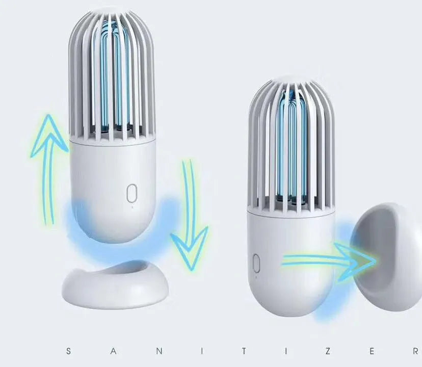 Portable capsule ultraviolet disinfection lamp in black, brown, green or white with display showing 52x52x136mm dimensions
