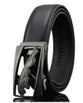 Men's black leather belt with an automatic buckle on a 3.5 cm wide cowhide strap.