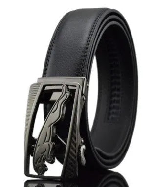 Men's black leather belt with an automatic buckle on a 3.5 cm wide cowhide strap.