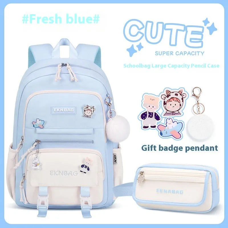 Girls waterproof Oxford cloth school backpack with curved straps and spine protection in solid colours for grade 5-6 students