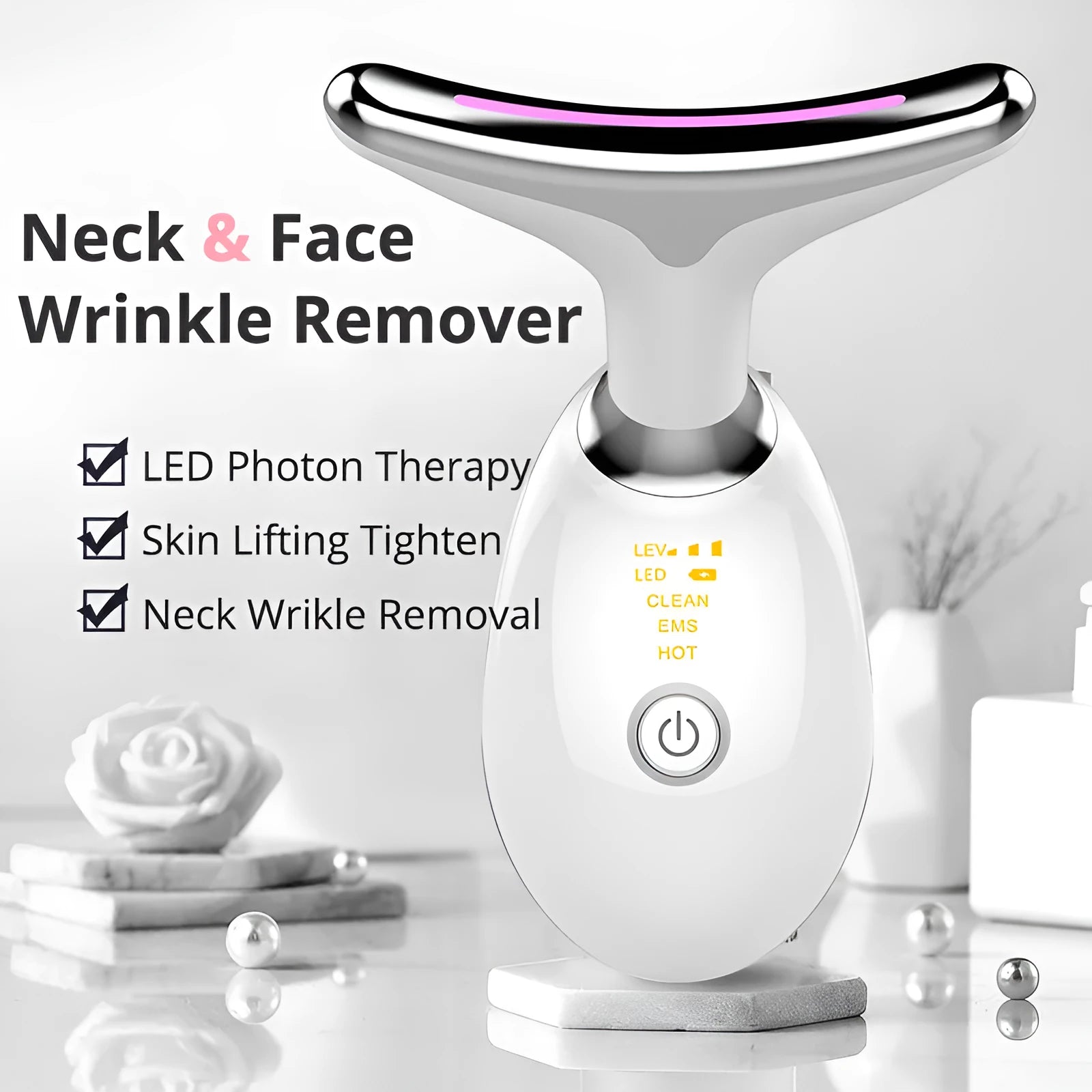 EMS thermal neck massager with three-colour LED lights for facial tightening and wrinkle reduction