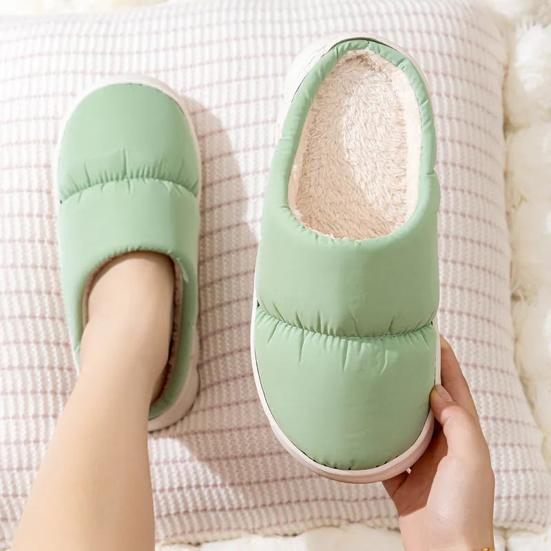 Thick-soled down cotton slippers with artificial leather upper and plush lining in blue green grey pink or yellow