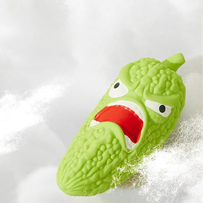 Green bitter melon or red chili shaped dog chew toy with squeaker for dental care and play.