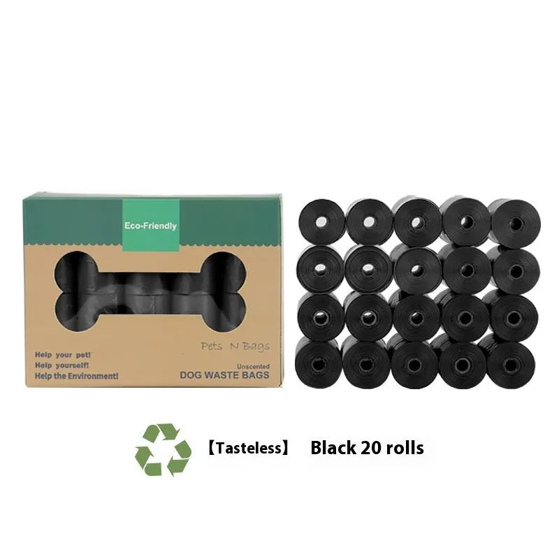 Degradable pet waste bags in green, black, blue, purple and orange colours with dispenser