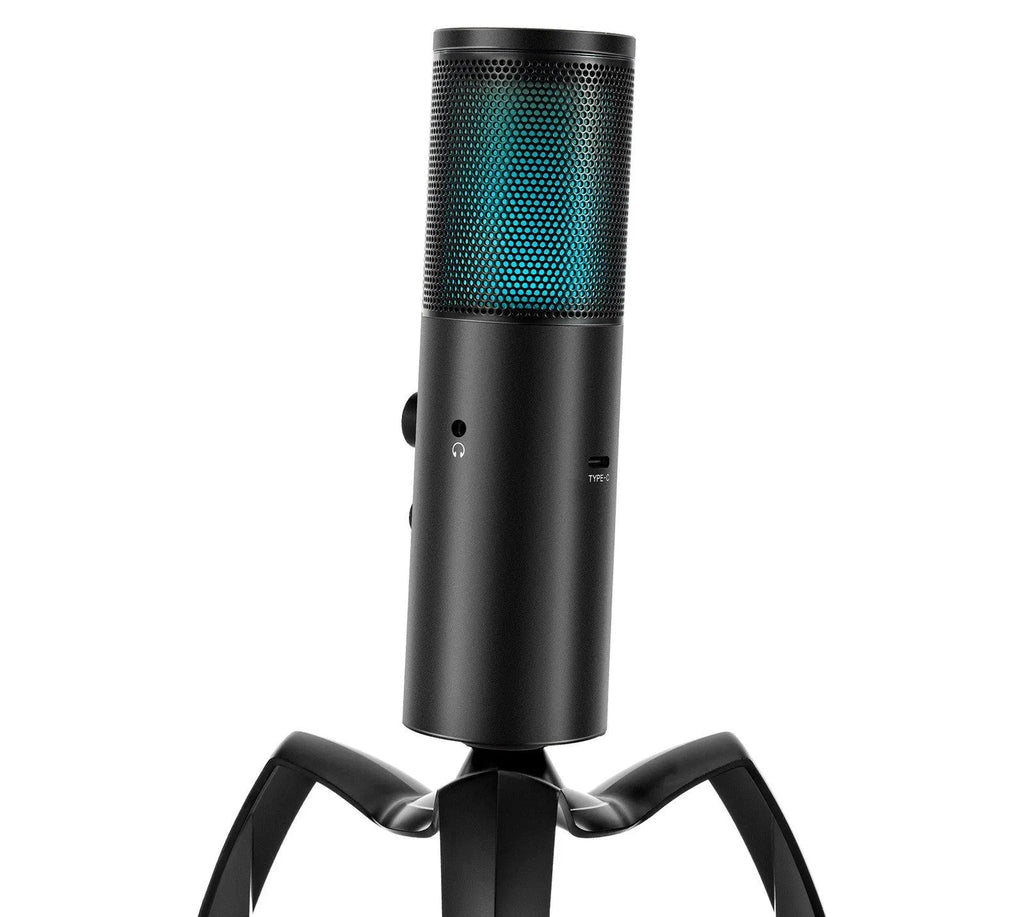 Q18 black USB condenser microphone with RGB lights on adjustable tripod stand