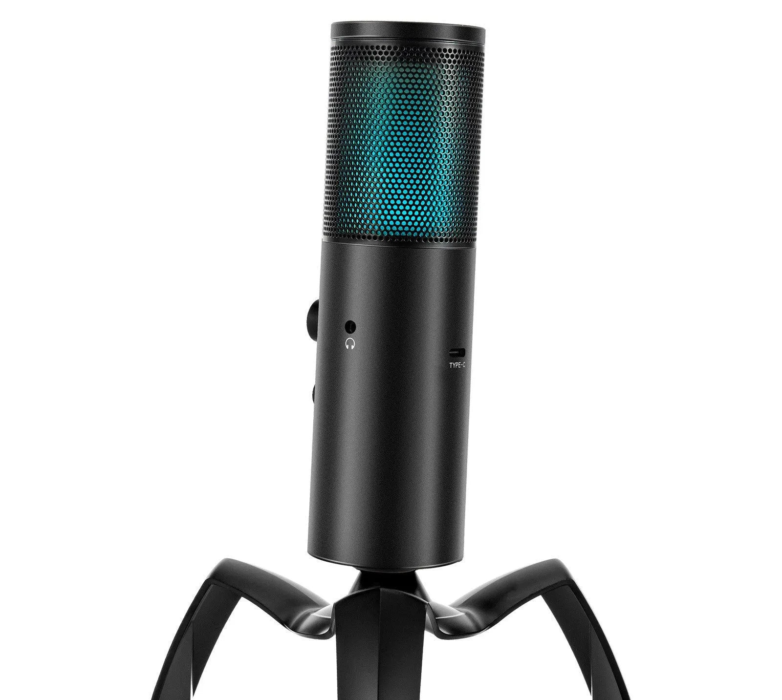 Q18 black USB condenser microphone with RGB lights on adjustable tripod stand