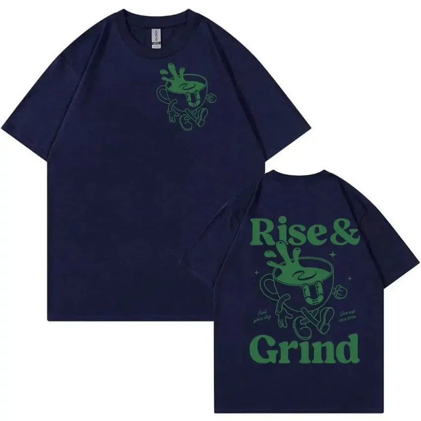 Men's black linen T-shirt with 'Rise And Grind Green Coffee' cartoon and text print in a loose fit
