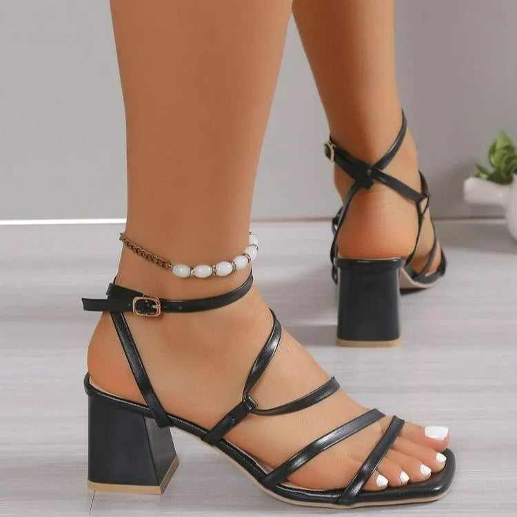Plus size open toe slippers with ankle buckle in rose red colour showing square toe design