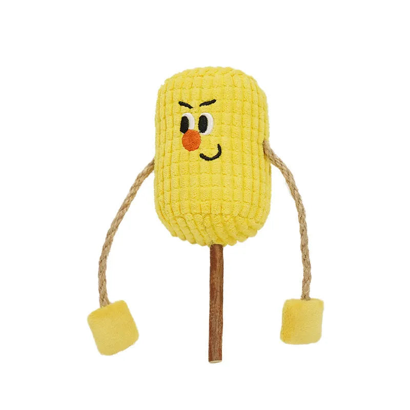 Natural wood corn cob shaped chew toy for cats on a white background.