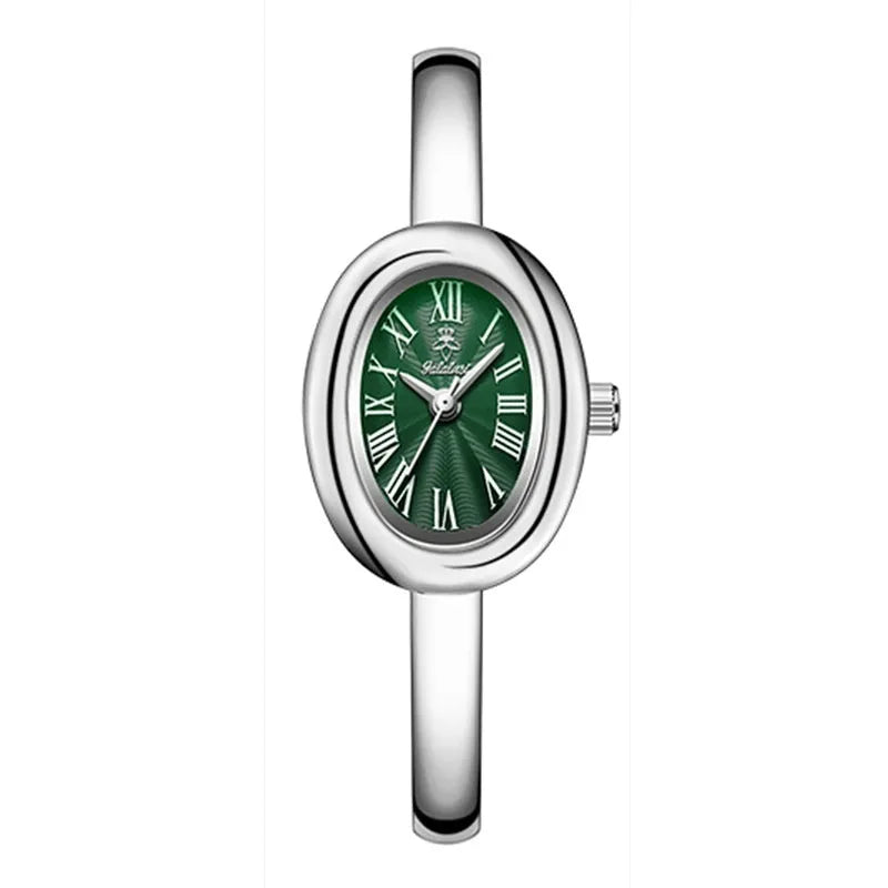 Women's oval retro quartz watch with 8mm thickness showing gold and silver colour options with spiral patterns