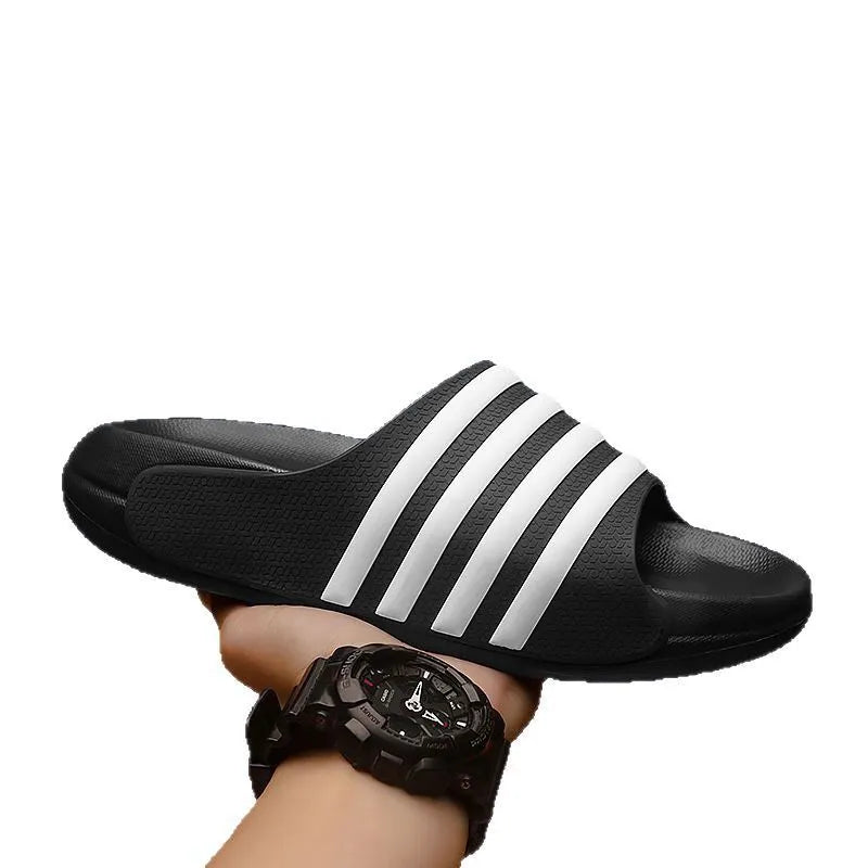 Men's casual slippers with a PVC upper and EVA sole in a two-tone colour option on a plain background.