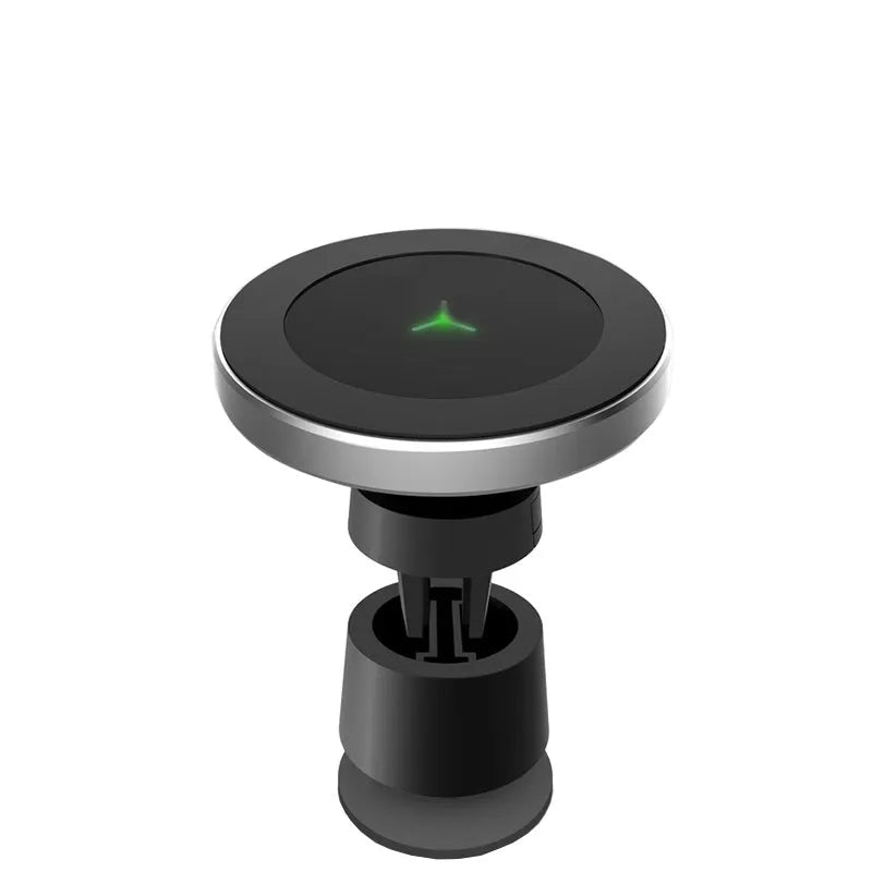 Magnetic car wireless charger with 10W fast charging, black finish, cigarette lighter power, and magnetic phone holder