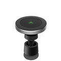 Magnetic car wireless charger with 10W fast charging, black finish, cigarette lighter power, and magnetic phone holder