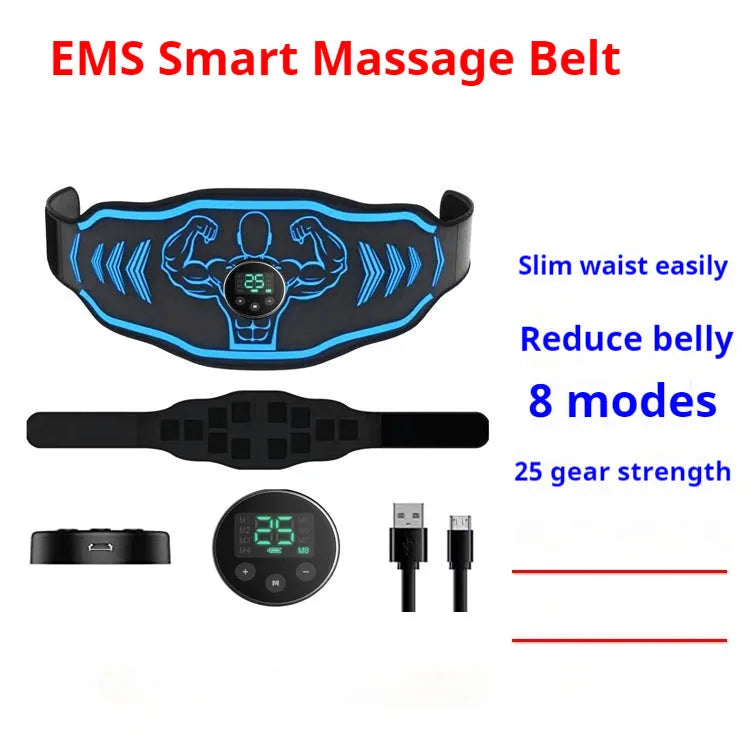 Smart EMS massage belt fitness equipment in orange and blue colours with rechargeable host and arm stickers