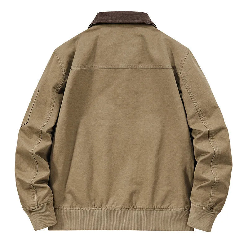 Men's plus size washed cotton baseball flight jacket in camel colour