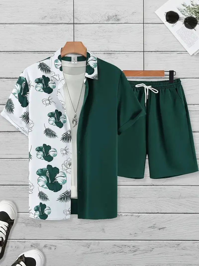 Men's Hawaii 3D printed short sleeve top and shorts leisure suit set on a hanger.