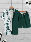 Men's Hawaii 3D printed short sleeve top and shorts leisure suit set on a hanger.
