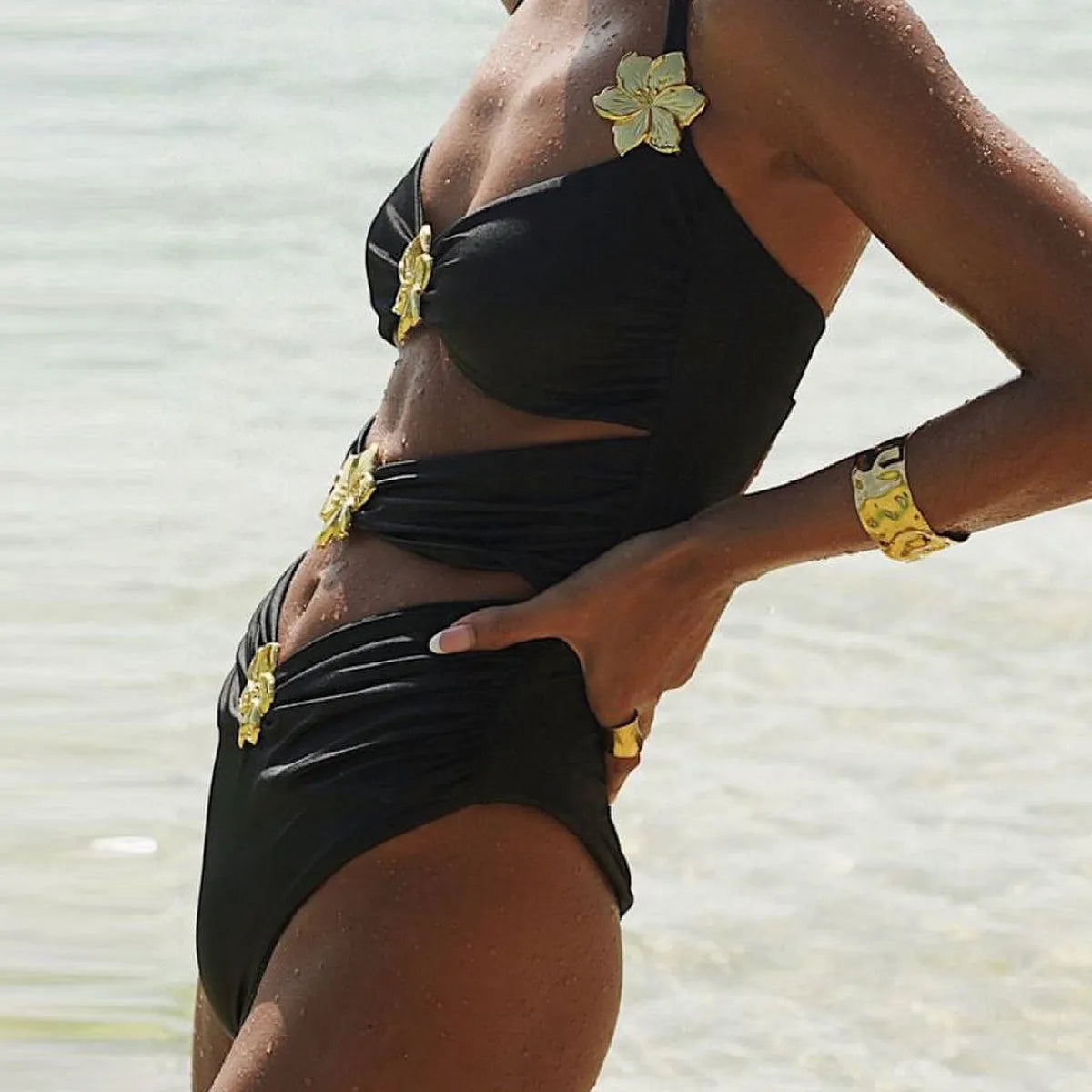 Women's solid colour one-piece swimsuit with matching short skirt, high-waisted design with hollow-out tube top