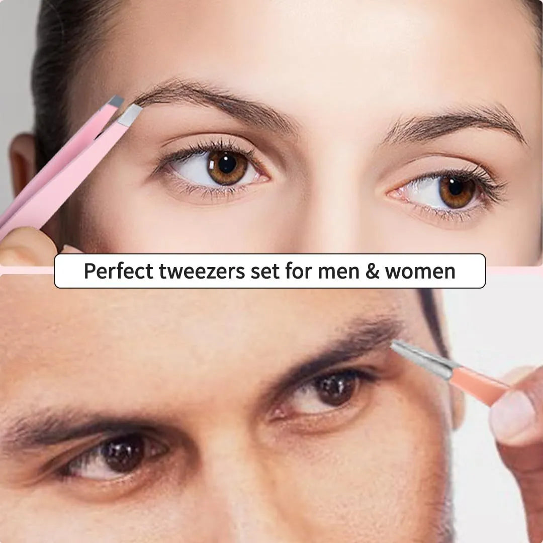 Professional 6-piece stainless steel eyebrow tweezers set with curved scissors in leather case