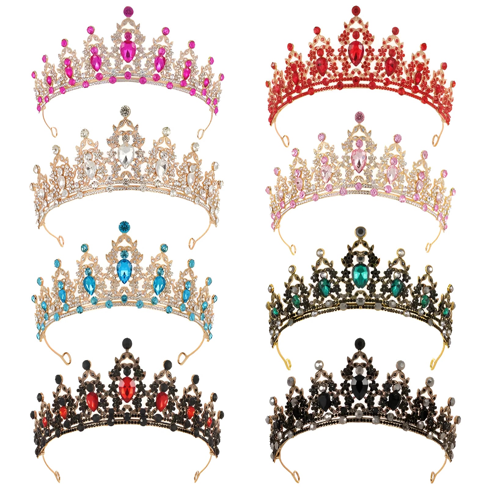 Baroque bridal crown headdress with rhinestone detailing on alloy base in multiple colour variations