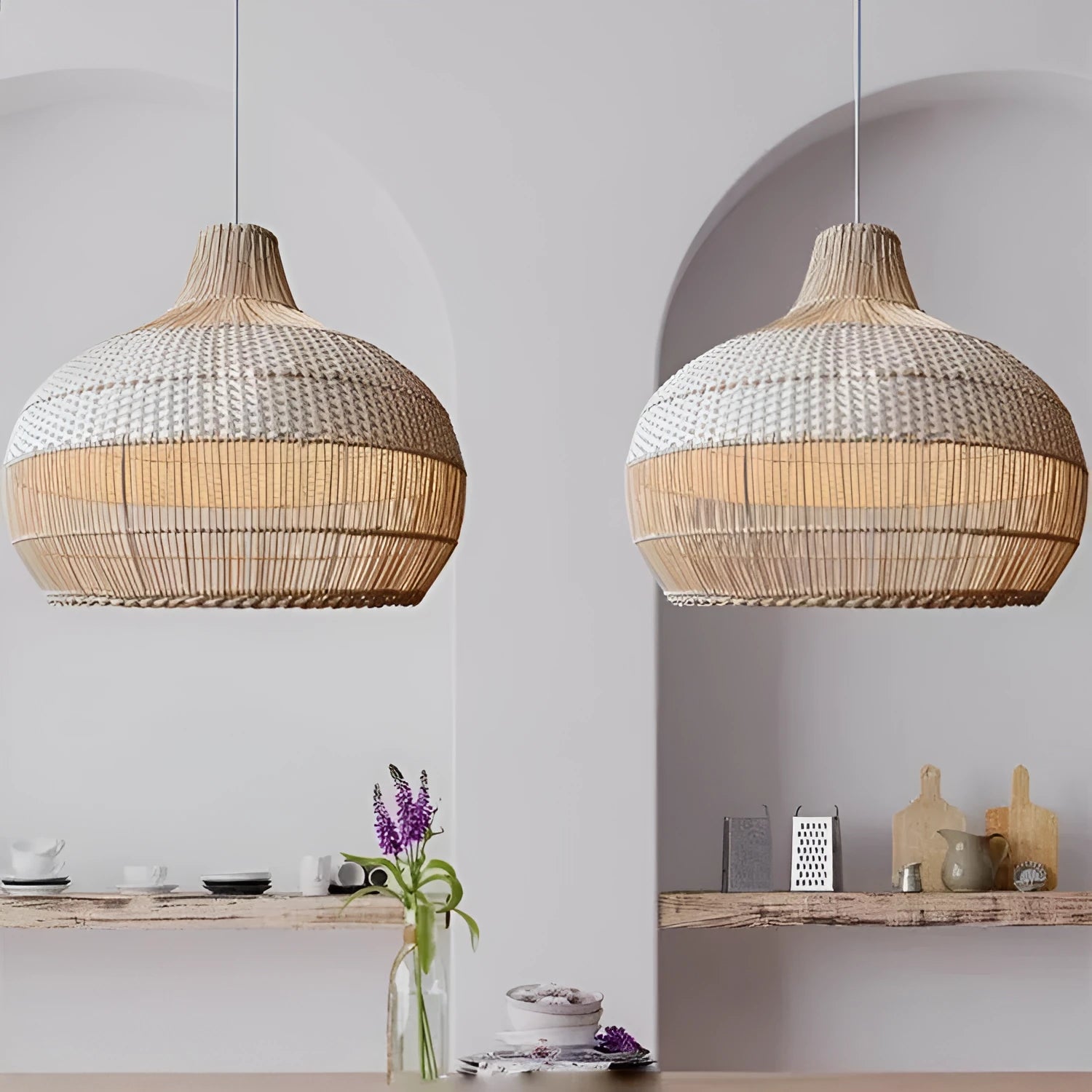 Close-up of a 60cm wide natural rattan wicker chandelier with a silent wind design.