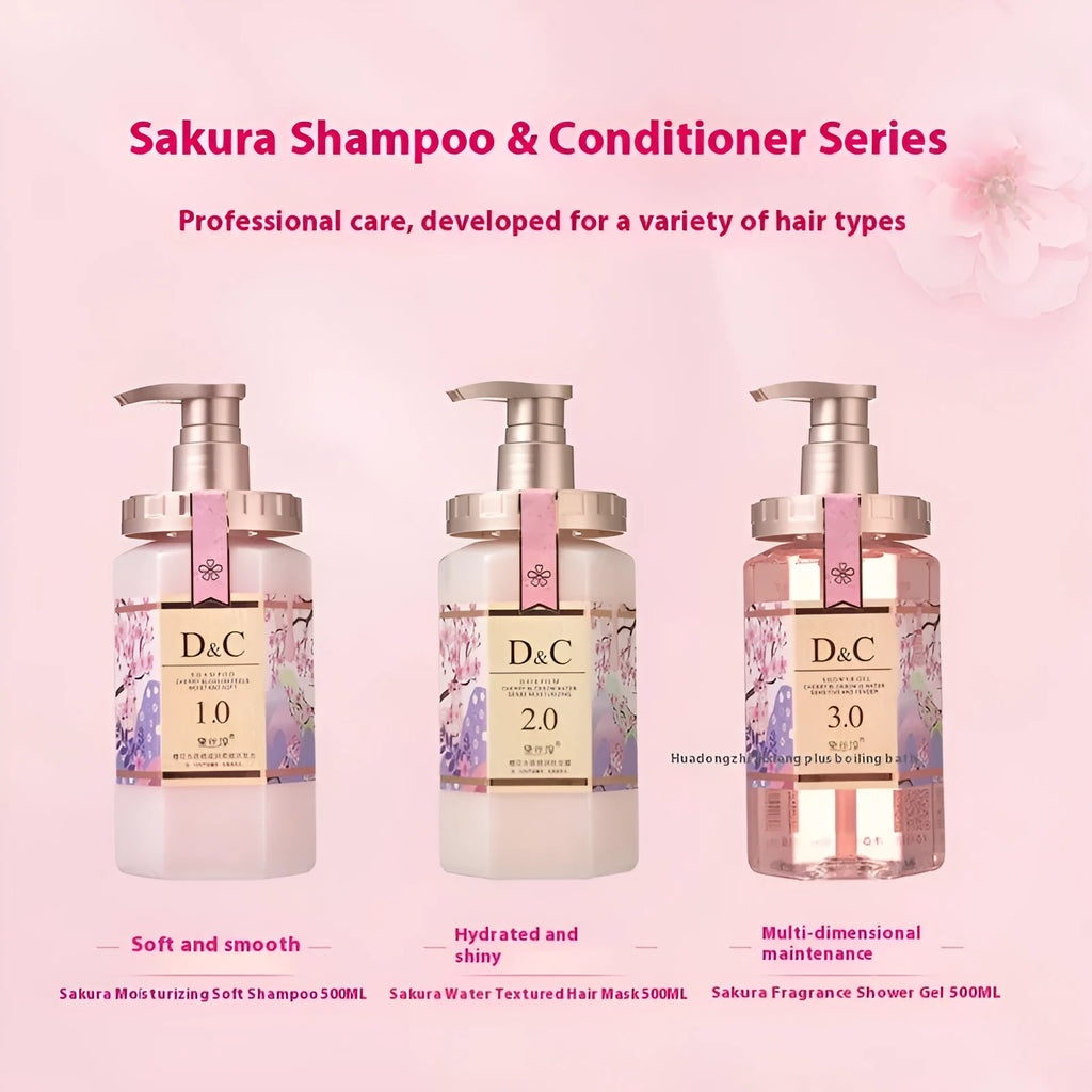 Sakura shampoo, hair mask conditioner, and shower gel set with 500ml bottles