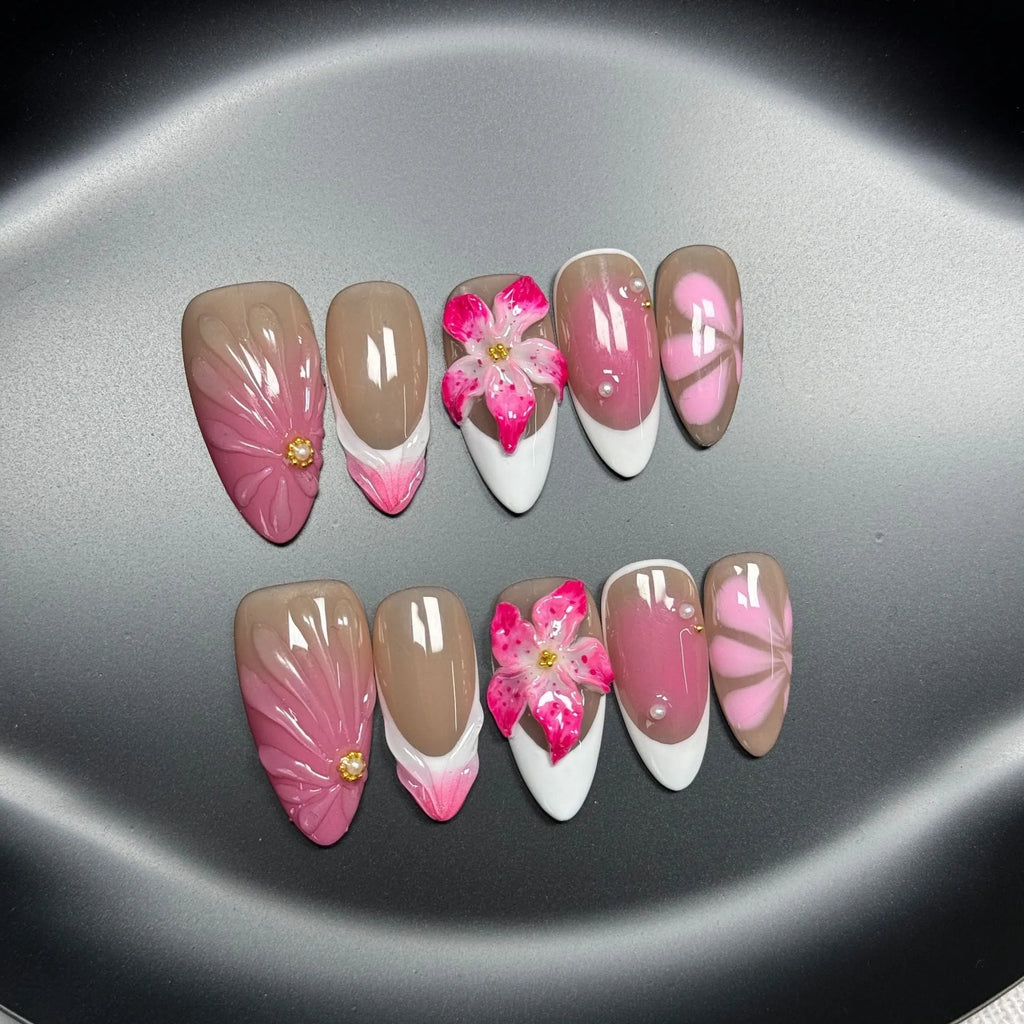 French style lily fluid ice flower manicure artificial nails with three-dimensional floral design