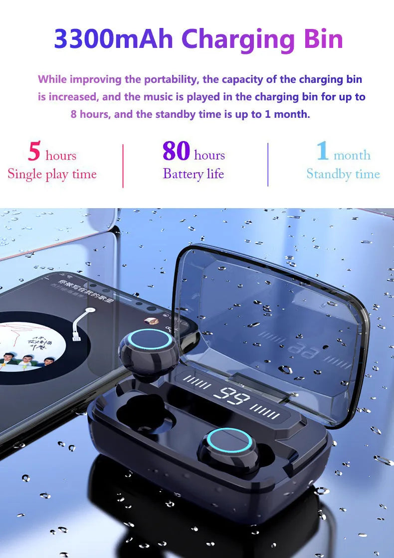 Black M11 style wireless Bluetooth headset with digital display, shown with its mobile phone holder and charging case.
