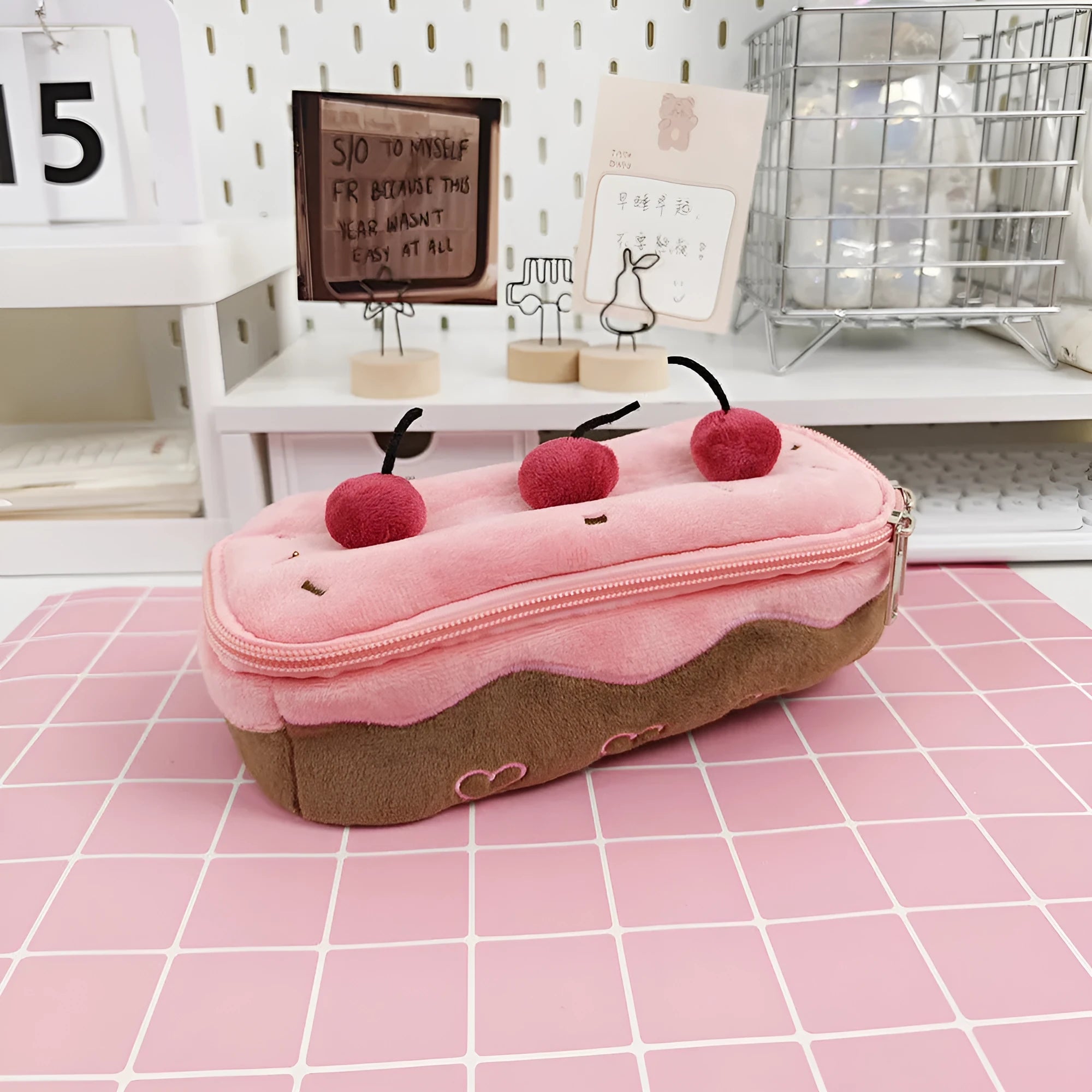 Cherry Cake plush velvet pencil case in Korean style design