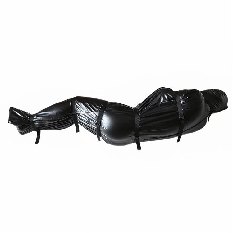 Black patent leather all-inclusive nostril clothing set with six ratchet tie down straps for BDSM restraint