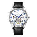 Men's stainless steel mechanical watch with sapphire crystal and leather strap for business wear