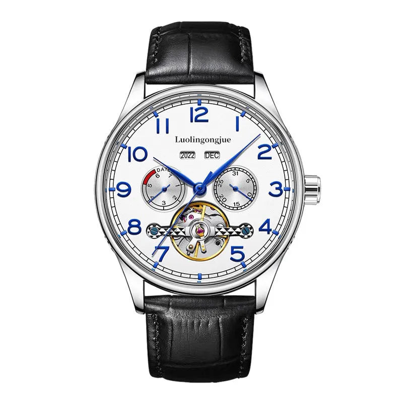 Men's stainless steel mechanical watch with sapphire crystal and leather strap for business wear
