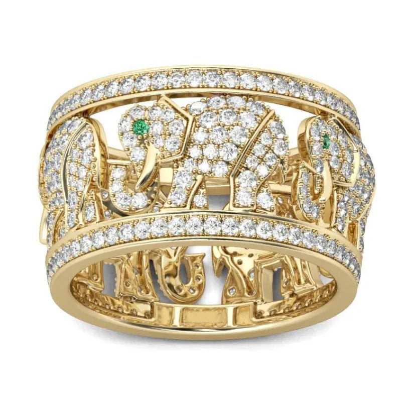 Close-up of a creative alloy ring featuring a detailed elephant design with diamond accents on a finger.