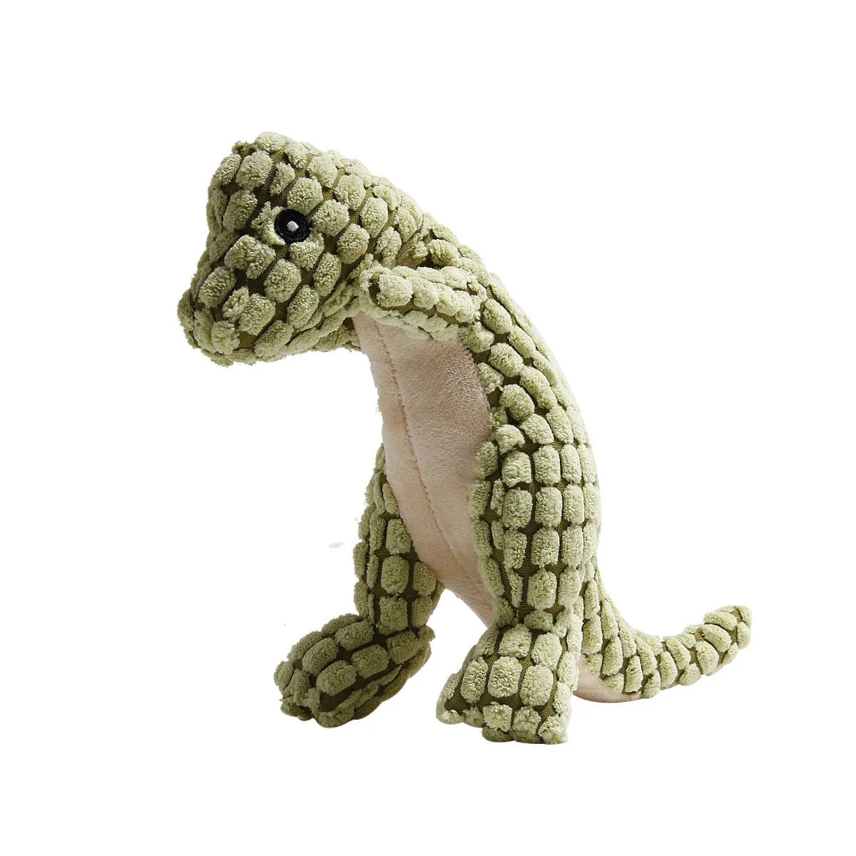 Grey, green, and orange dog sound toy resistant to bites and grinding teeth, measuring 35cm long.