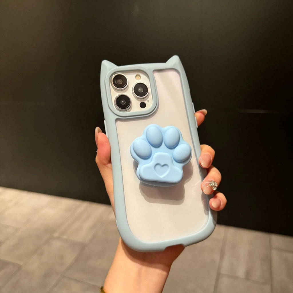 Cute three-dimensional cat ears transparent PC phone case for iPhone 11 12 13 14 15 16 Pro Max Plus; blue colour variant on display