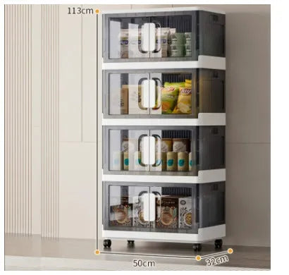 Foldable polypropylene storage locker with wheels in white or grey, showing single door design