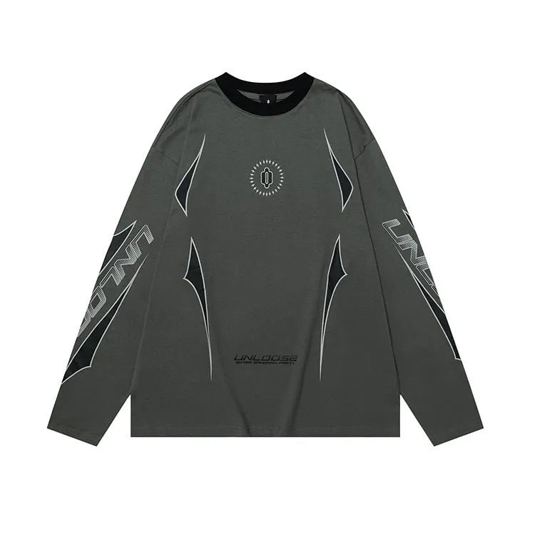 A man's grey khaki cotton pullover with drop shoulders, long sleeves, a round neck, and a printed letters pattern.