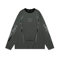 A man's grey khaki cotton pullover with drop shoulders, long sleeves, a round neck, and a printed letters pattern.