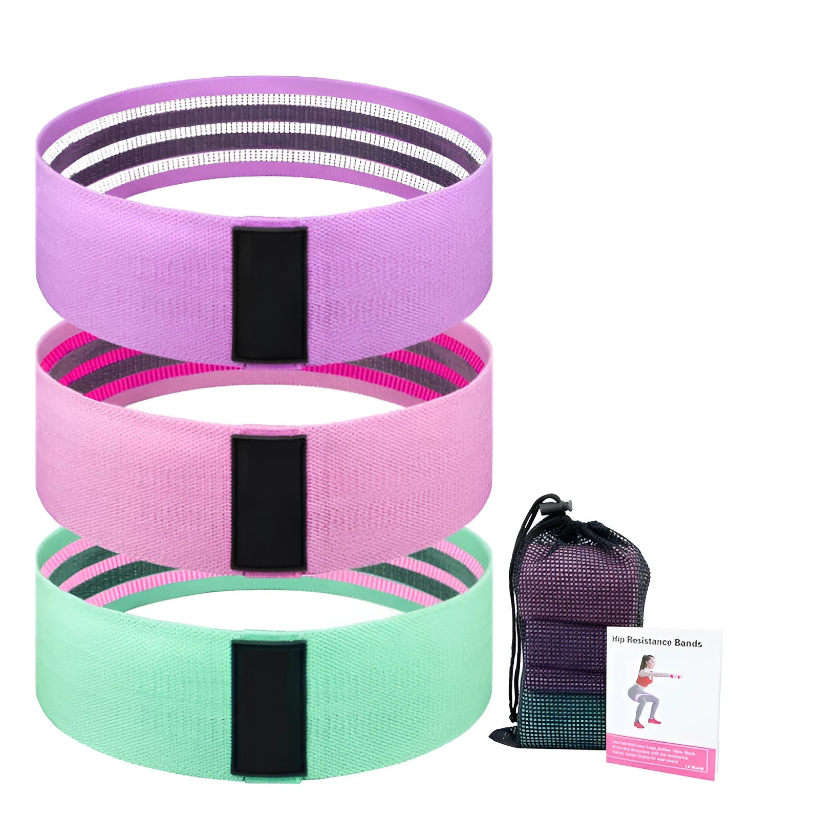 Set of three coloured fabric resistance bands with net storage bag for fitness training