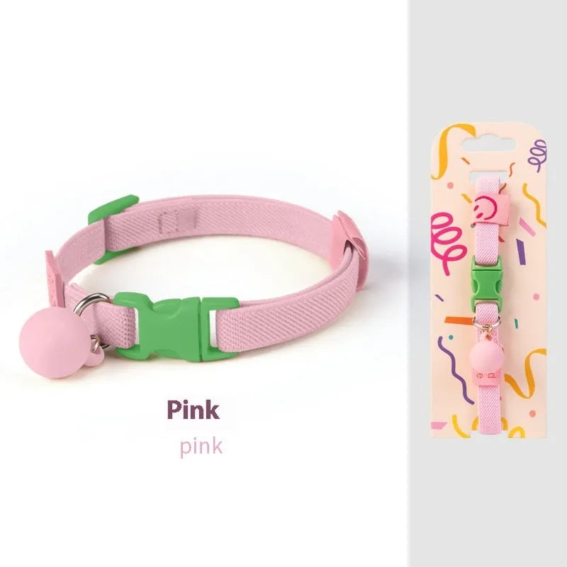 Small dog elastic polyester pet collar shown in seven colour options with adjustable 22-32cm sizing